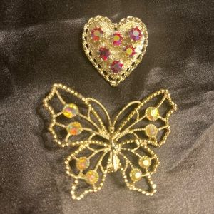 Vintage AB Crystal Brooch Gold Tone Lot Of 2